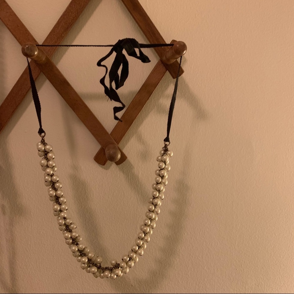 Pearl Cluster Necklace Black Ribbon Closure J.Crew